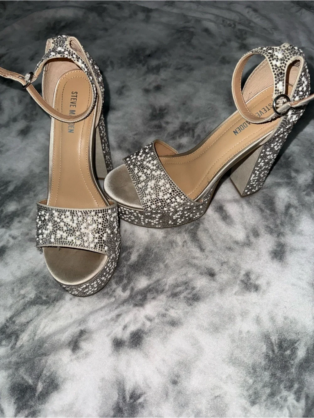 Steve Madden Crystal-Embellished Silver Block Heel Sandals